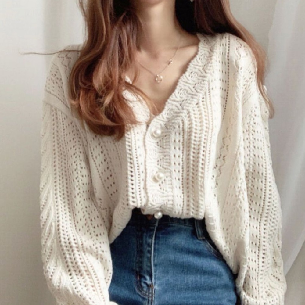 knit cream cardigan with pearl buttons